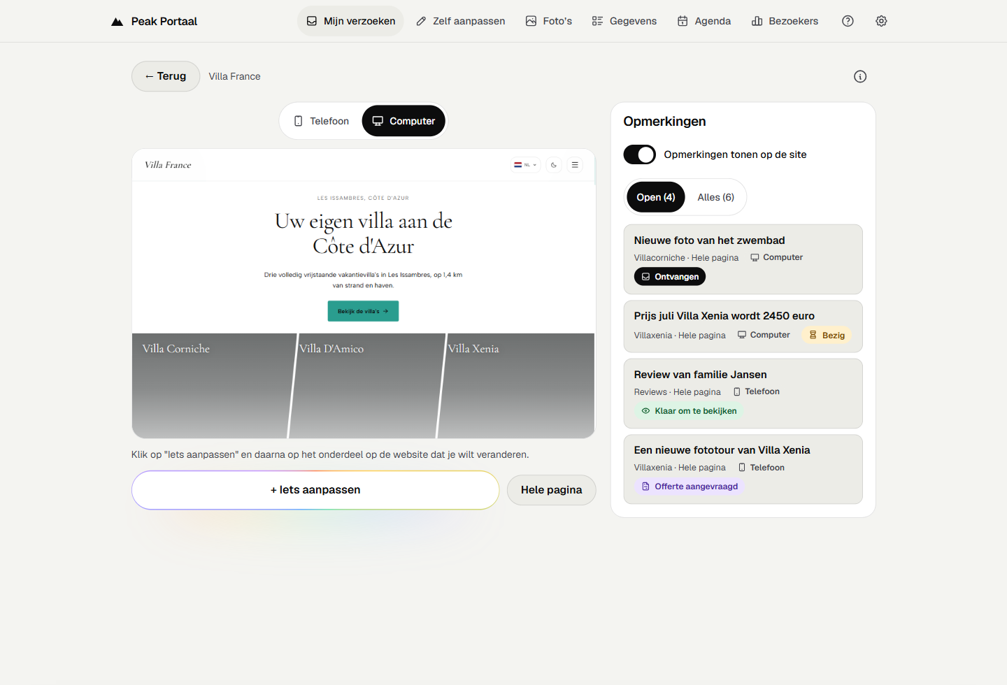 Example of feedback & replies in Peak Portal