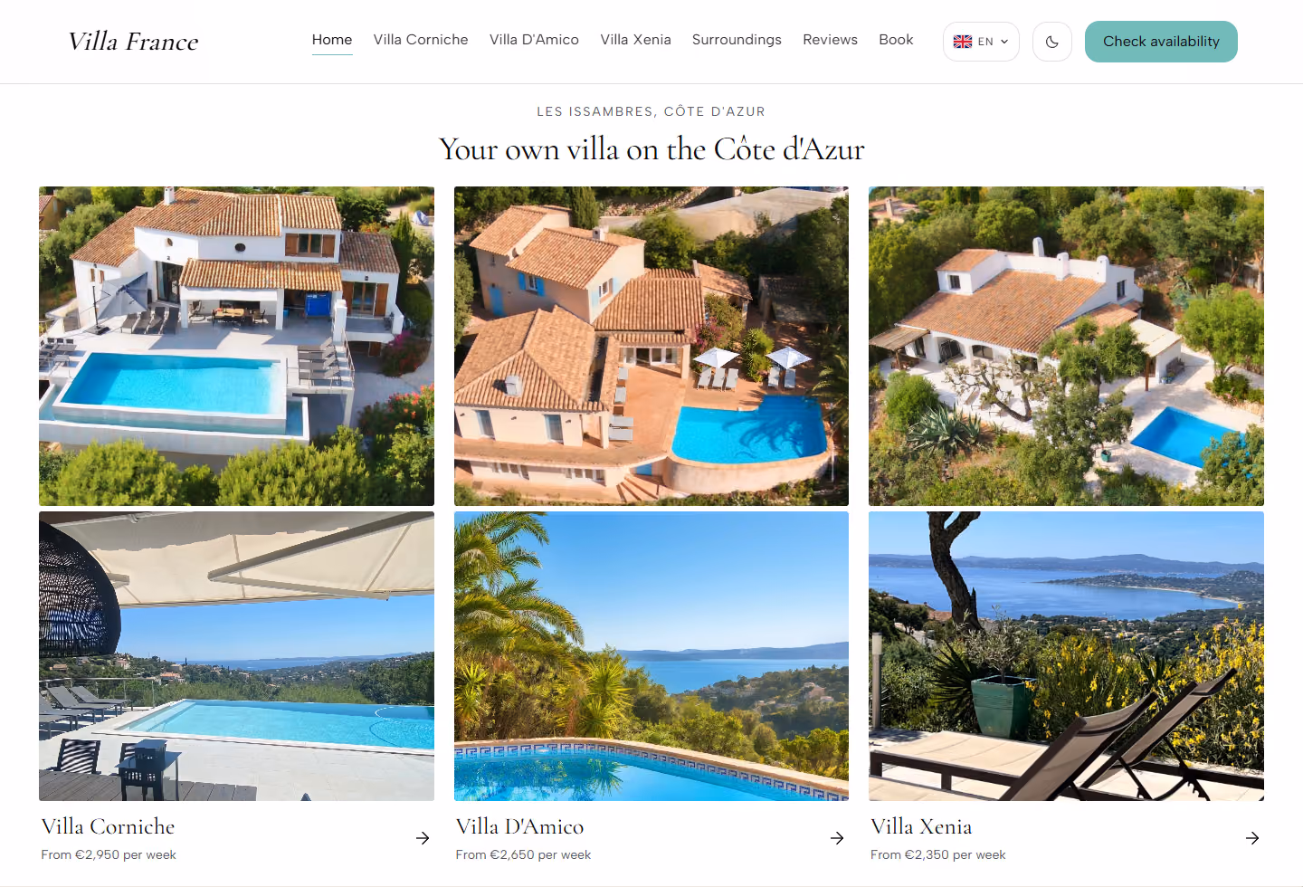 The Villa France website with three holiday villas