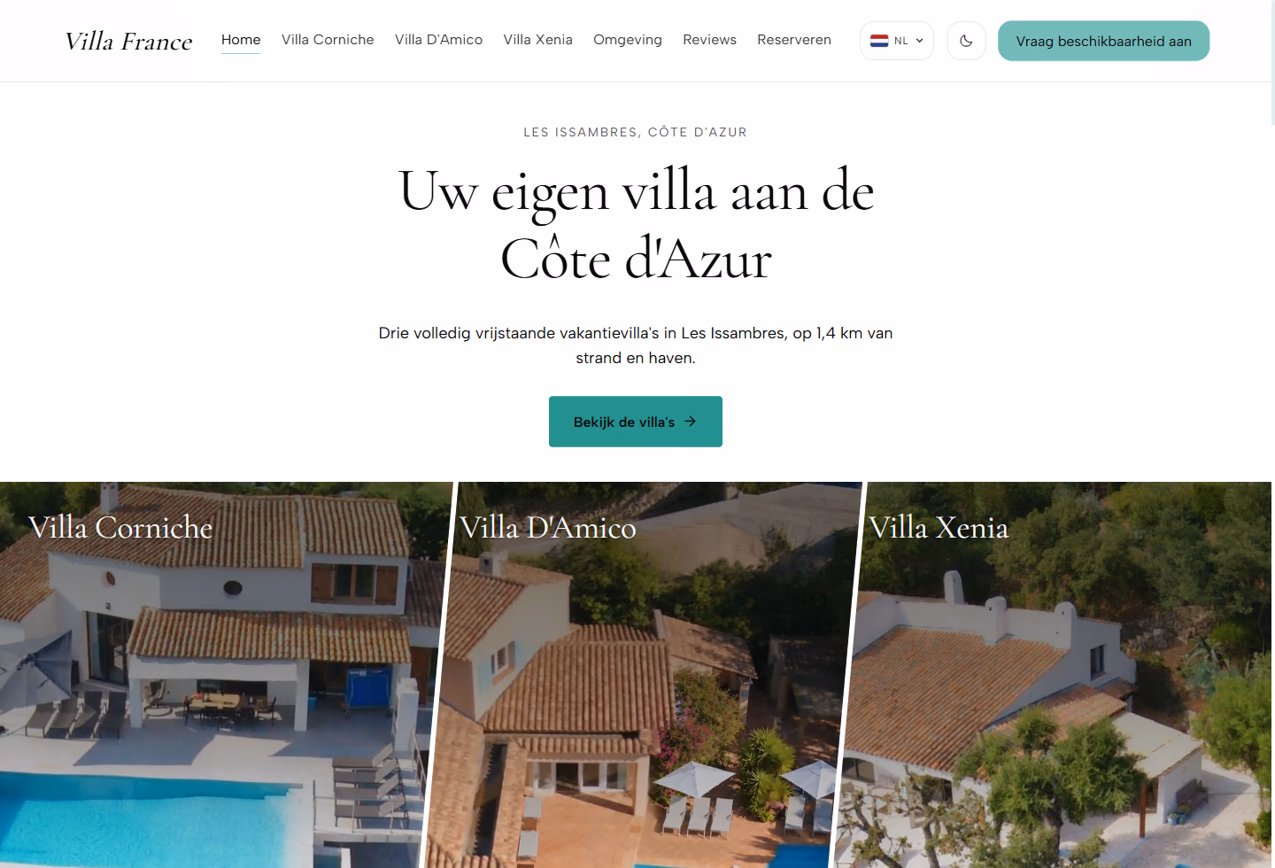De website van Villa France met drie vakantievilla’s